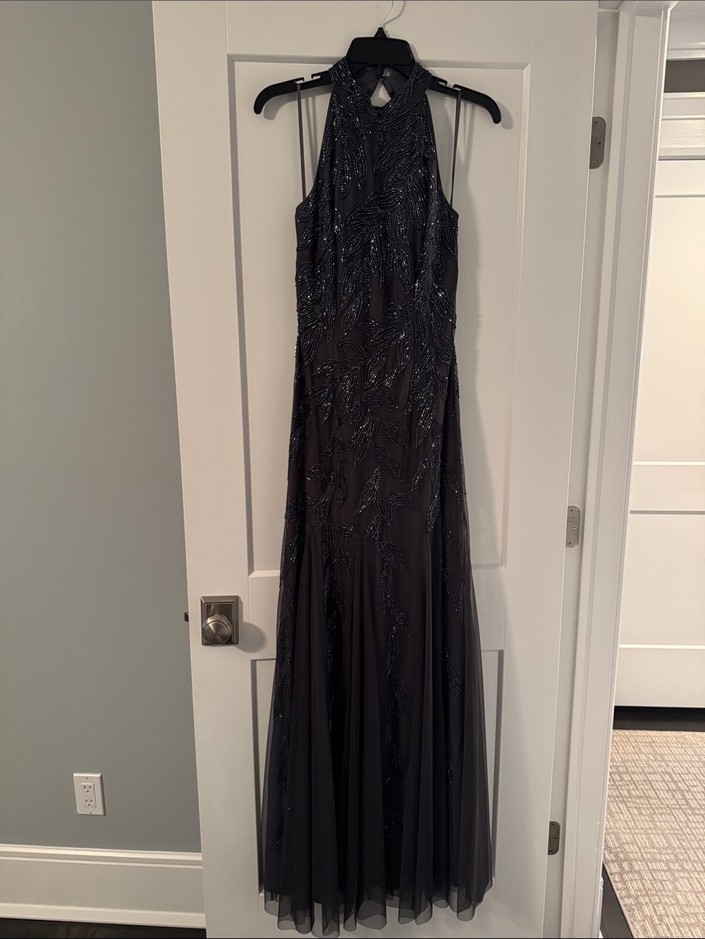 Adrianna Papell Black Beaded Halter  Gown